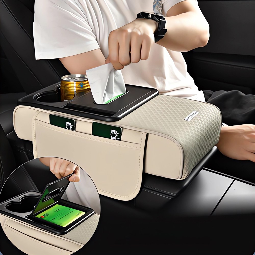 Jeernare 고품질 차량용 콘솔박스 수납함 팔걸이쿠션 티슈박스 컵홀더 일체형, 1개, 아이보리 16,800원