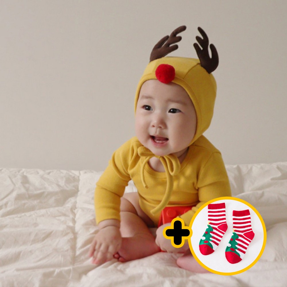 [양말증정] 피카부 아기 크리스마스 옷 윈터 슈트 실내복 + 루돌프 보넷 세트 37,390원