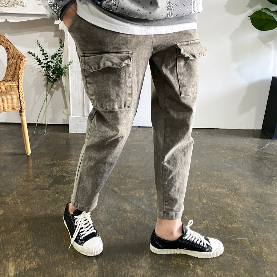 웨일즈 스판 빈티지 피그먼트워싱 앞포켓 카고 세미와이드 크롭 팬츠 밴딩 바지(3 Color)28~36 49,300원