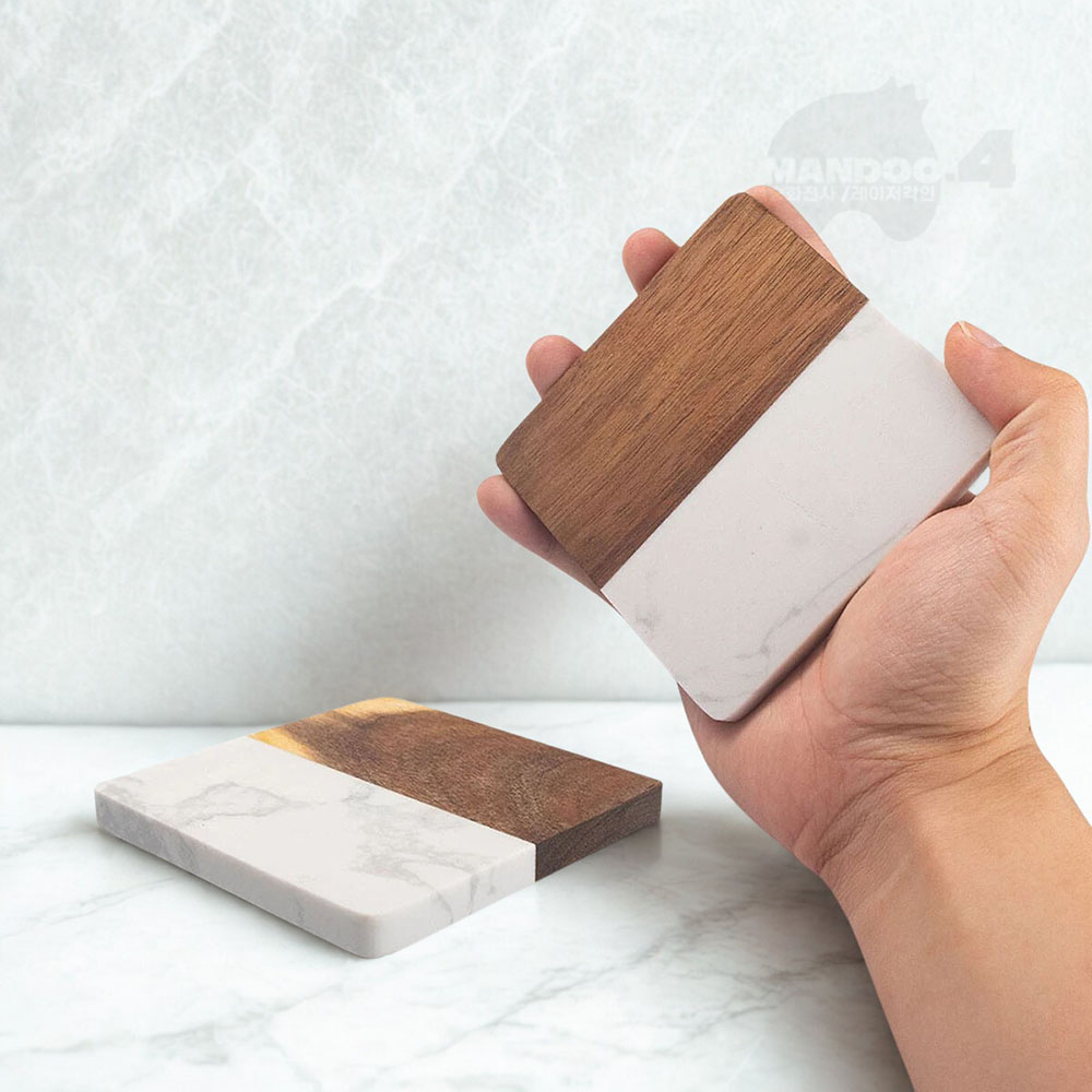 MANDOO4 컵받침 코스터 집들이 선물 기념품 답례품 아카시아 나무 대리석 재질 레이저 각인 제품, 4개, 화이트 스퀘어 19,800원