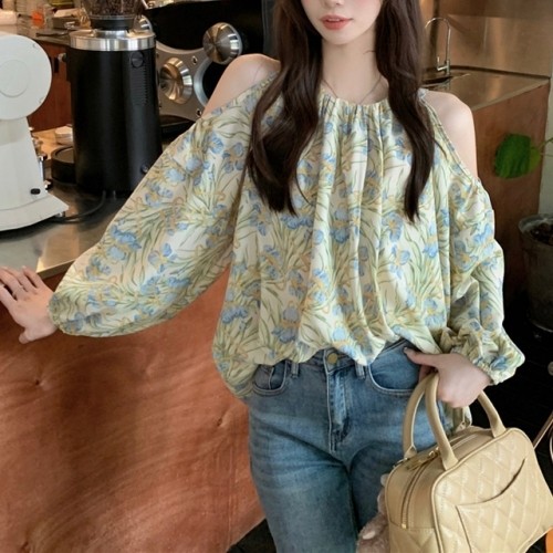 플라워 오프숄더 블라우스 (여리핏 핀턱 디테일 / 차르르한 실루엣 / 옐로우그린) 35,500원