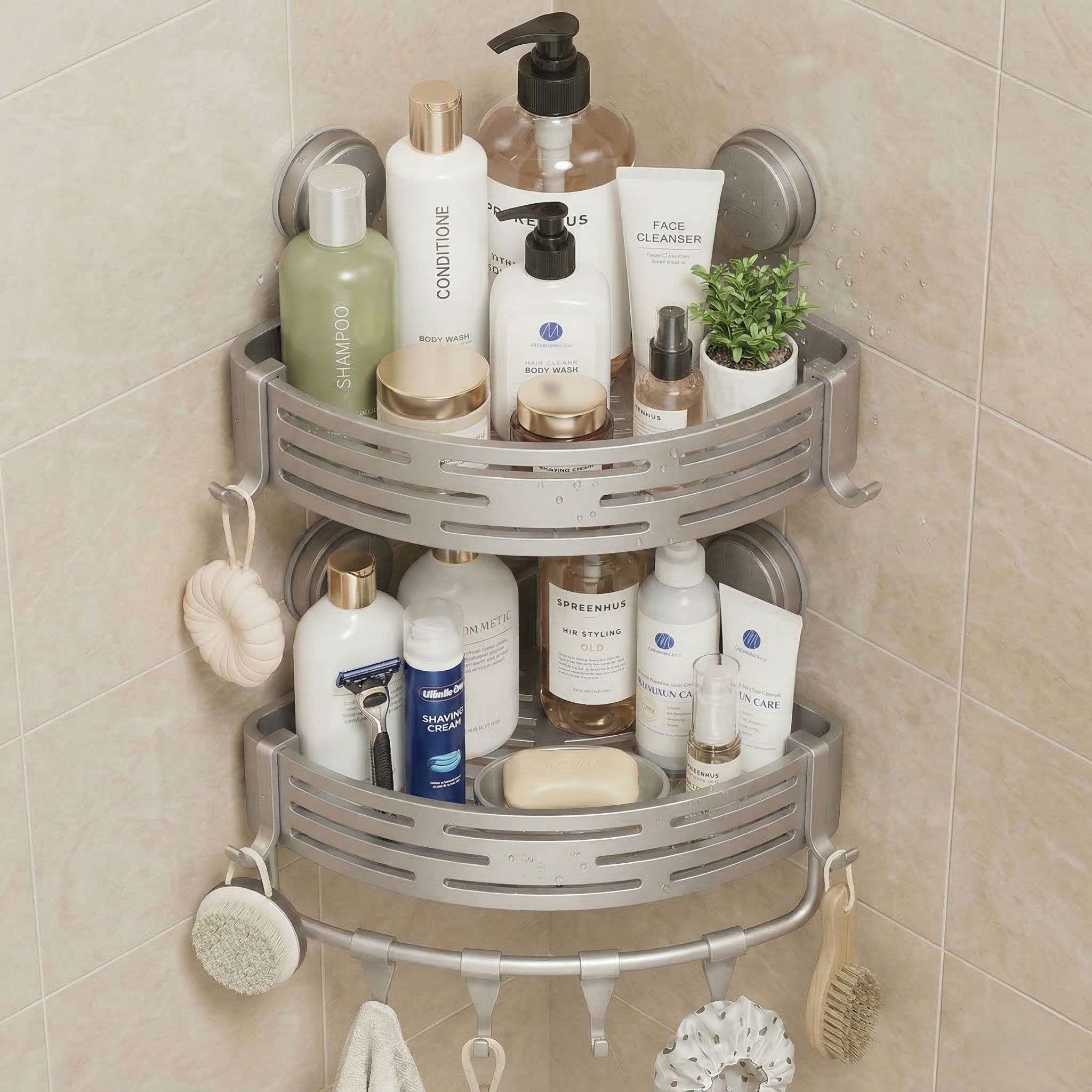 라이프뮤앤문 초초강력 떨어지지않는 진공흡착 무타공 욕실선반 코너형, 2개, 건메탈 그레이 21,750원