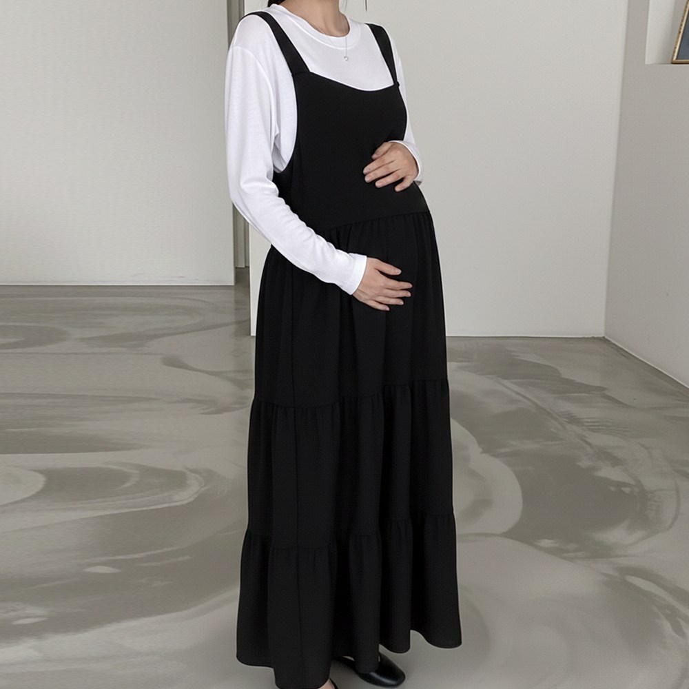 [당일출고] 수엠W 임산부 캉캉 멜빵 롱 원피스 만삭촬영 임부복 외출복 뷔스티에 루즈핏 T01 엘라멜빵원피스 19,900원