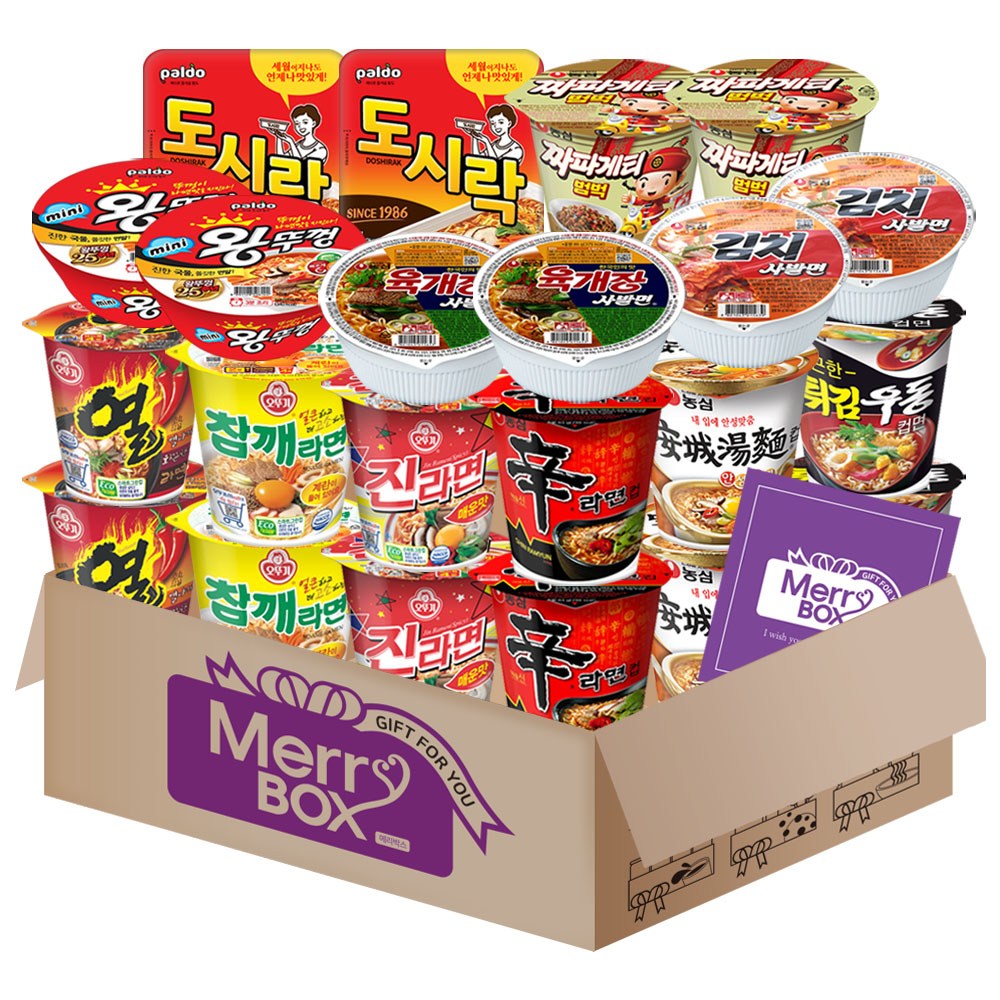 컵라면 세트(육개장사발면+김치사발면+신라면+안성탕면+튀김우동+짜파게티+도시락+미니왕뚜껑+참깨+진라면 매운맛+열)+메세지카드, 1박스 27,800원