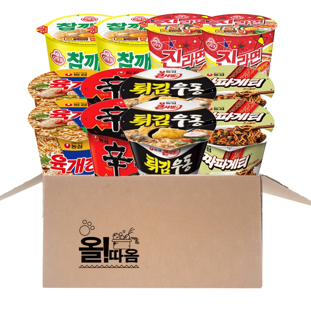 올따옴 인기 큰컵라면 기획세트 5호(6종 2개씩) 신라면 튀김우동 짜파게티 육개장 진라면매운맛 참깨라면, 1세트 23,980원