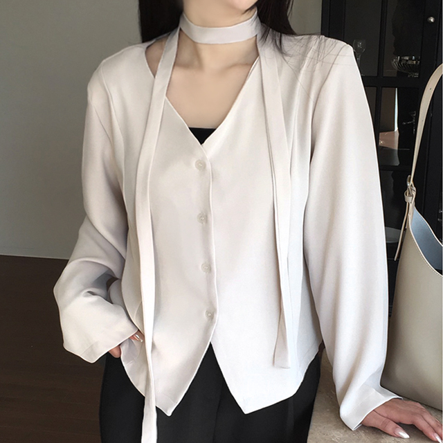 [당일출고/비침X/어깨퍼프/허리끈가능/허리잘록]고퀄 타이 브이넥 긴팔블라우스(리본소프트 스카프 결혼식하객룩 스트랩 크롭정장출근룩 블레이저 벚꽃룩봄옷 청순빅사이즈 셔링벨트 쉬폰) 46,900원