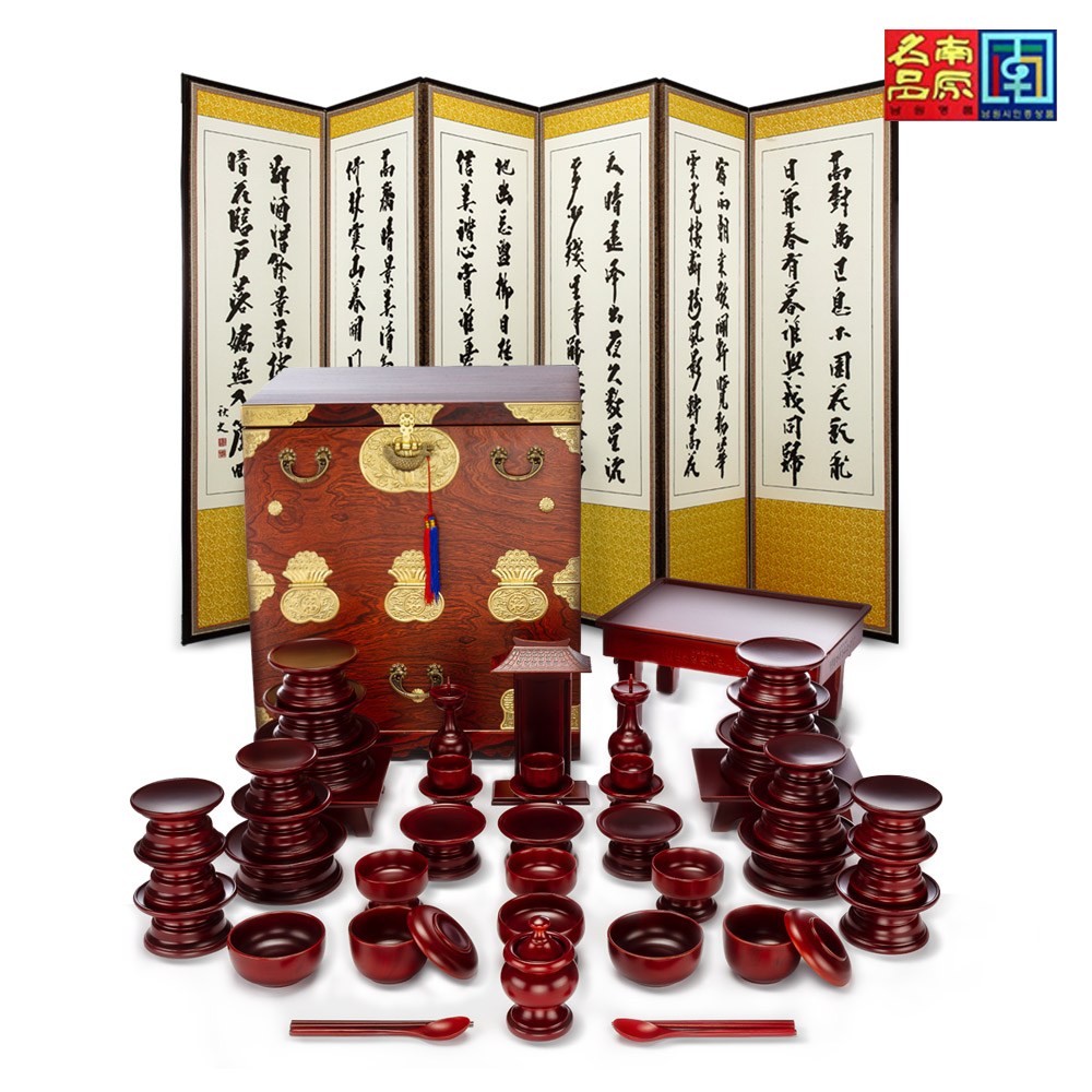 춘향골 남원목기 오리목 제기 47p + 오동함+추사 산수화 6폭병풍 (증정품-향로상), 1세트, 접시18개(편기2개+접기2개+대2개+중4개+소4개+하4개)+나물접시 3개+탕기 3개+잔대 3개+술잔 3개+식혜그릇+촛대 2개+향로+지방틀+어틀+편틀+주발 2세트(밥그릇 2개+국그릇 2개+수저 2개+젓가락 2개+밥그릇 뚜껑 2개) 659,000원