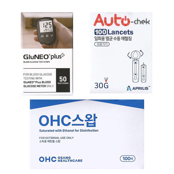 오상헬스케어 글루네오 플러스 혈당시험지 당뇨혈당체크지 세트 (시험지50매+침100+솜100) SW 11,500원