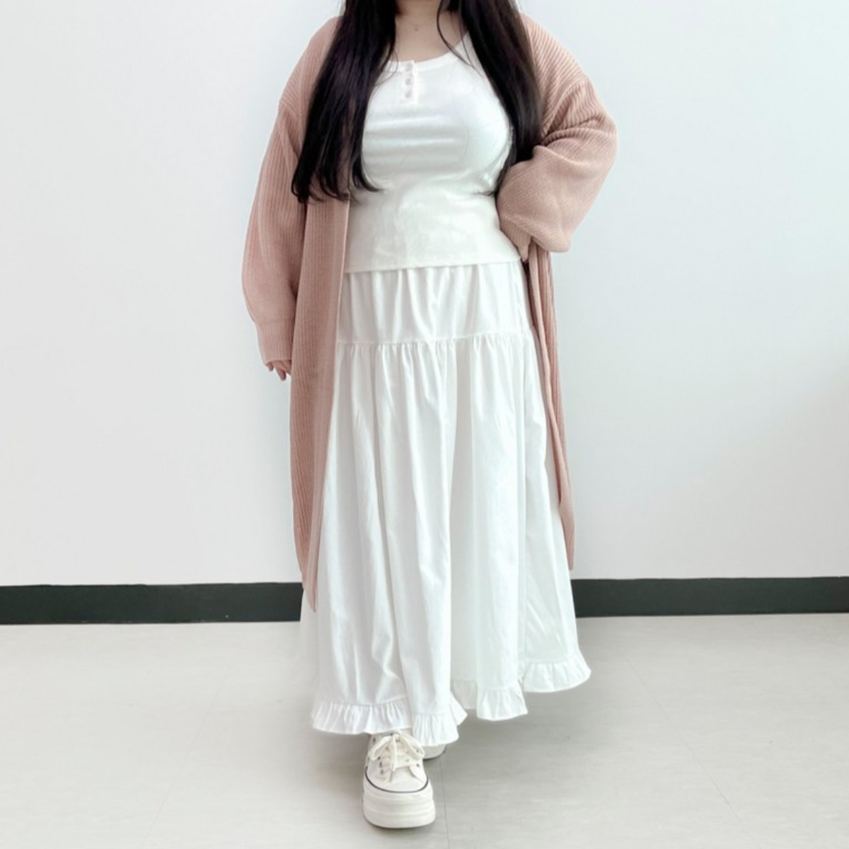 (2size/66-130) 플레지 빅사이즈 풍성한 코튼 밴딩 스커트 플레어 프릴 봄 롱치마 6XL 48,500원