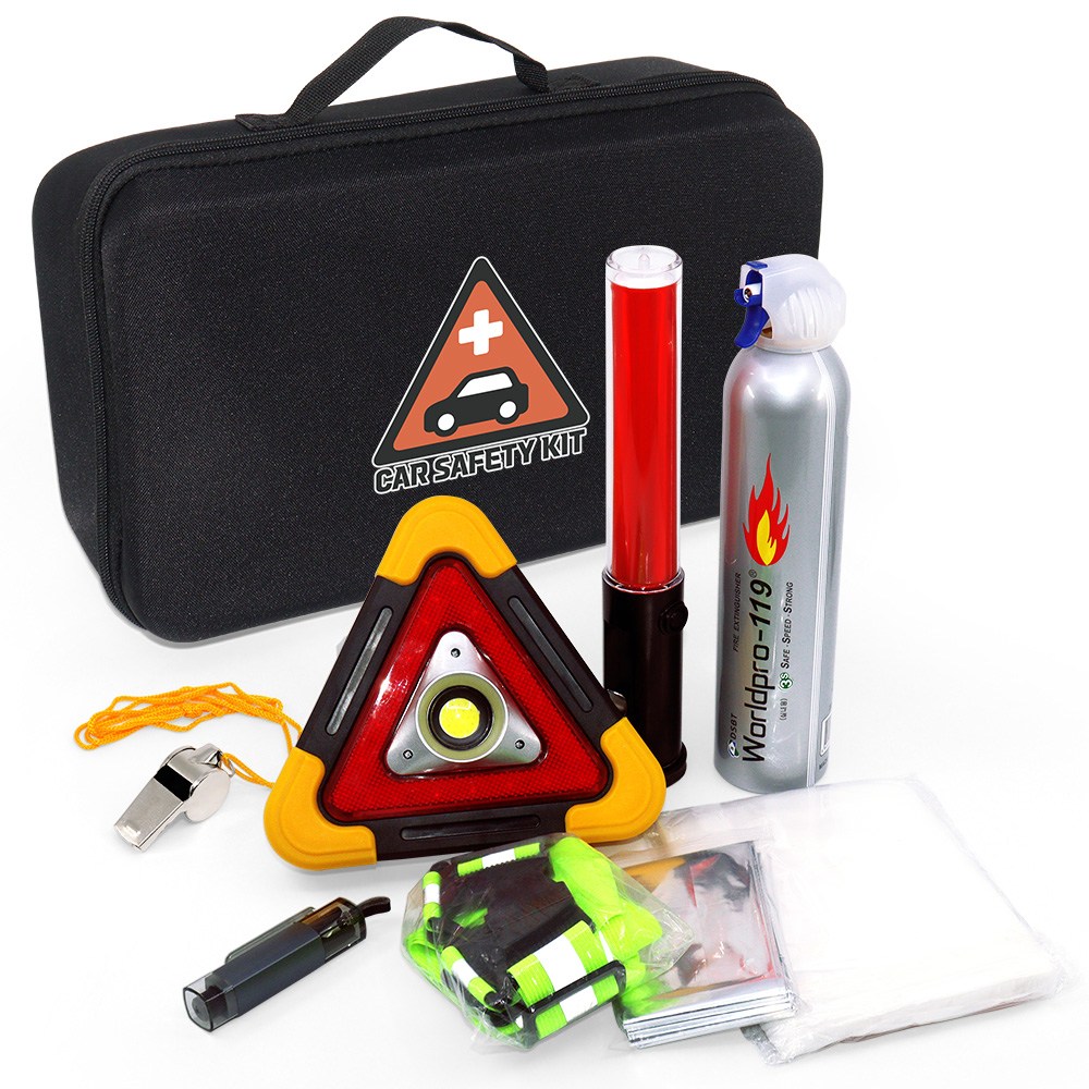 [케이솔루션] 자동차 안전 키트 8종세트 차량용 비상 탈출 망치 경광봉 소화기 삼각대 긴급사고 대비, 혼합, 1세트, 현재가 59,800원