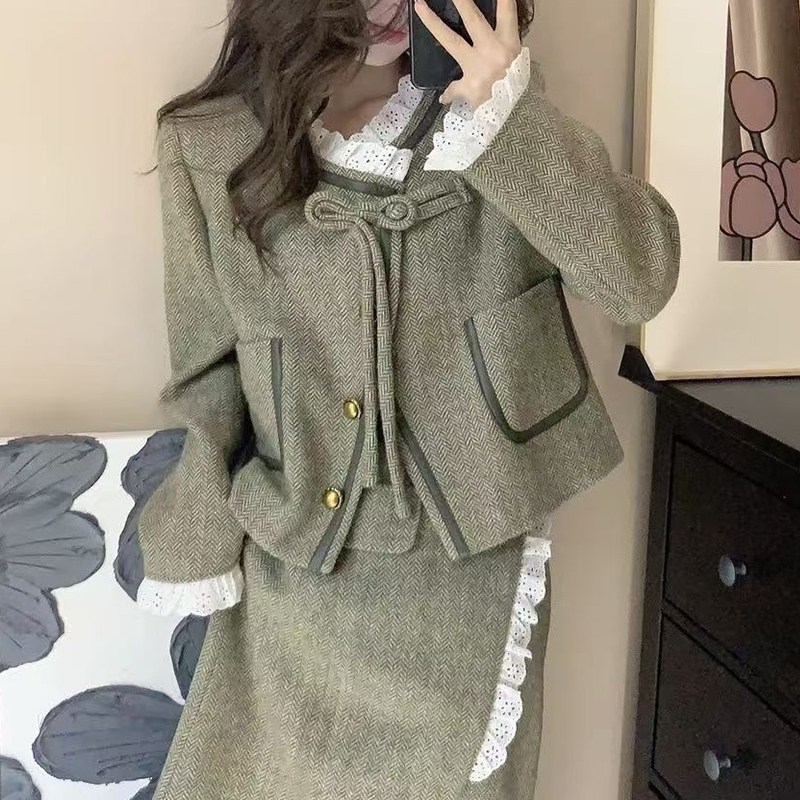 SunburstWonder 여성 가을 겨울 쇼트 재킷 스커트 세트 고급스러운 정장 52,600원