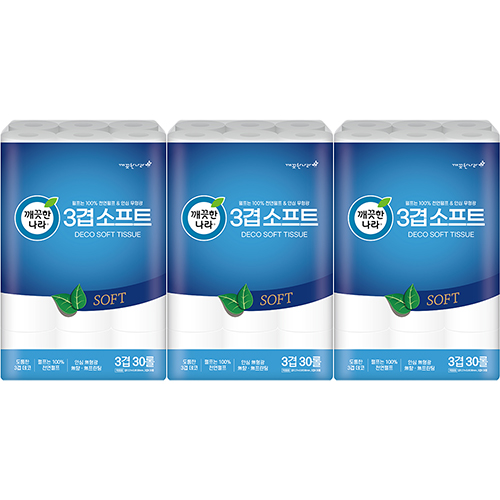 깨끗한나라 3겹데코 소프트 화장지 27mX30롤x3개/ 무형광/ 천연펄프/ 두루마리 41,600원