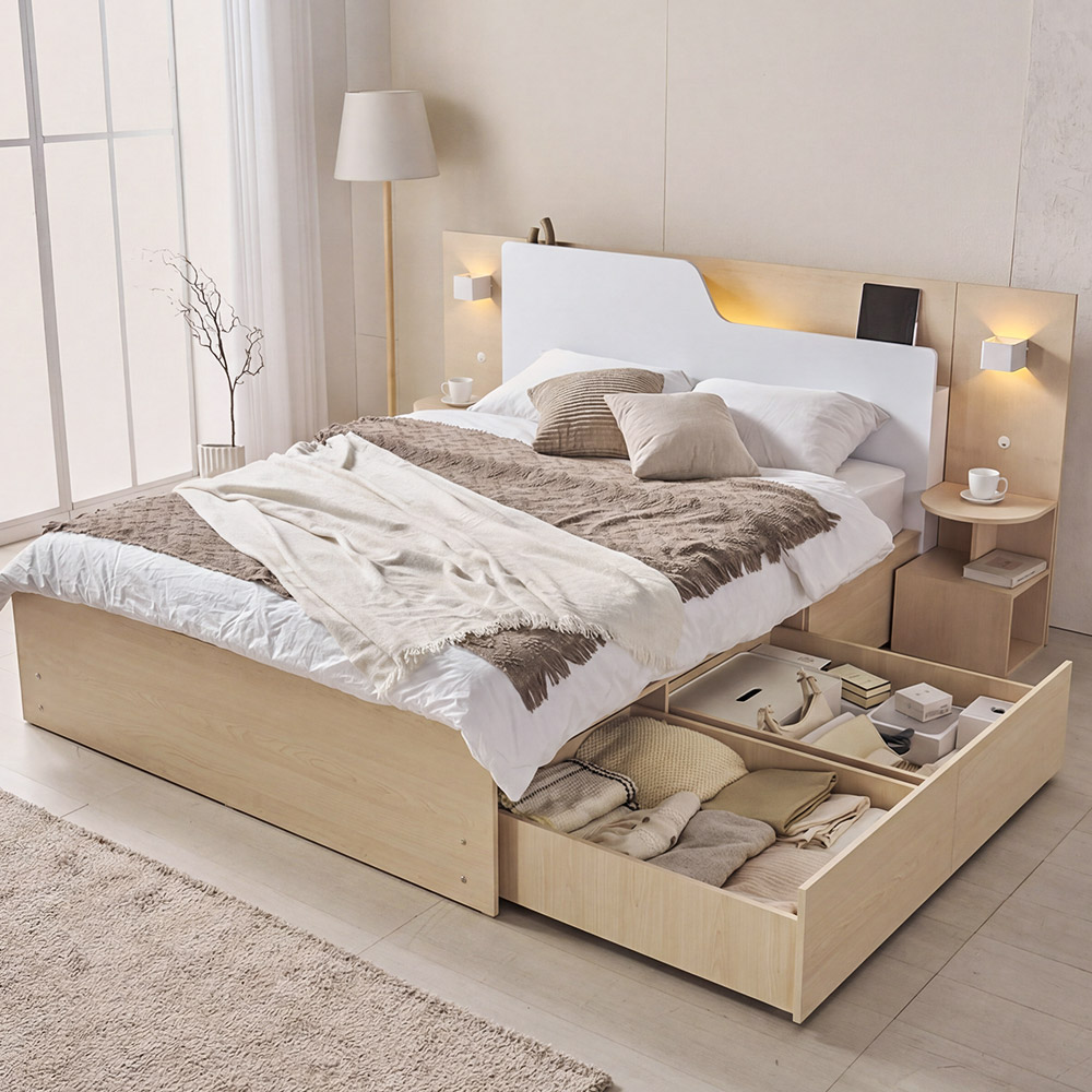 상일리베가구 플로 호텔형 LED 벙커 빅서랍 수납침대 프레임 SS(슈퍼싱글)+협탁2EA, 투톤메이플 469,000원