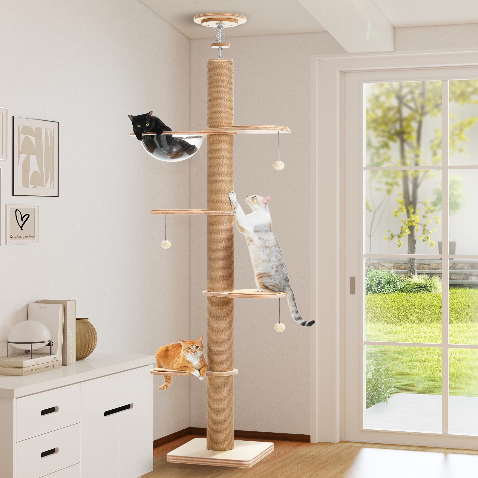 PAWZ Road 5단 대형 천장 고정형 우드 캣폴, 높이조절 캣타워 200.5cm-261.5cm, 우주선 투명해먹+발판+스크래쳐+봄봄볼 85,160원