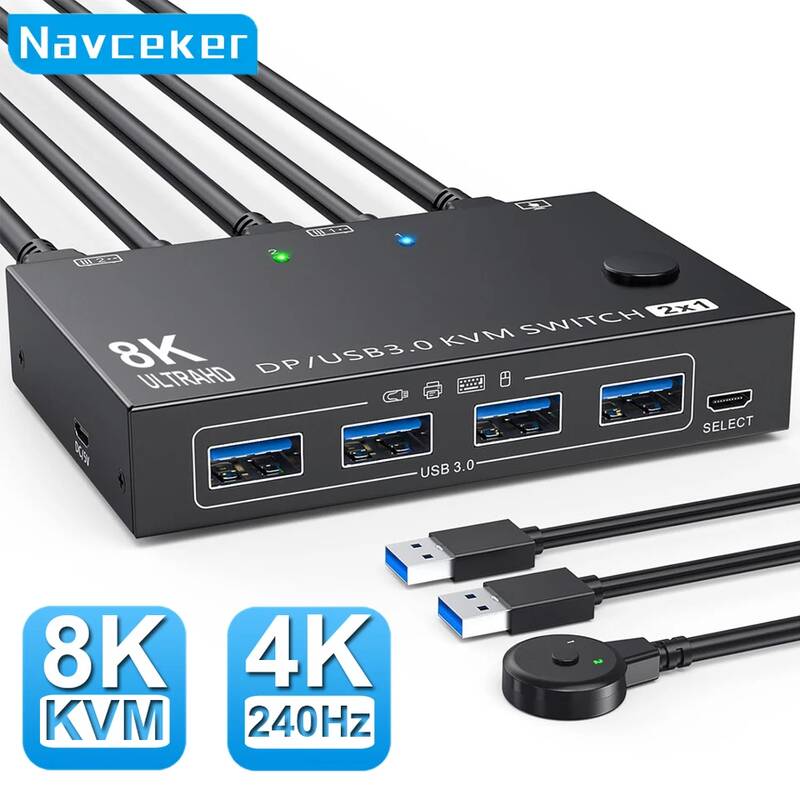 kvm스위치 DP 8포트 km스위치 Navceker 4K 240Hz 2.1 KVM 스위치 2 PC 8K US 110vB 3.0 디스플레이포트 2입력 1출력 디스플레이 1 모니터 123,600원