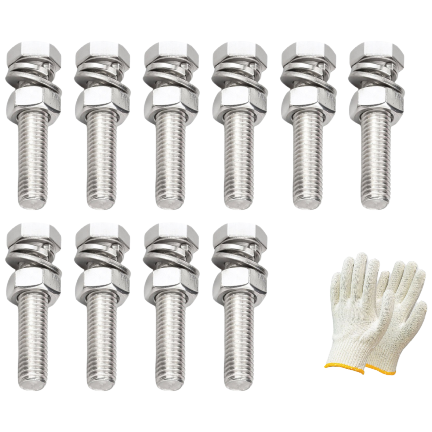 SUS304 스텐육각볼트세트 M14 10개세트 + 면장갑 너트 평와샤 스프링와샤 포함 21,000원