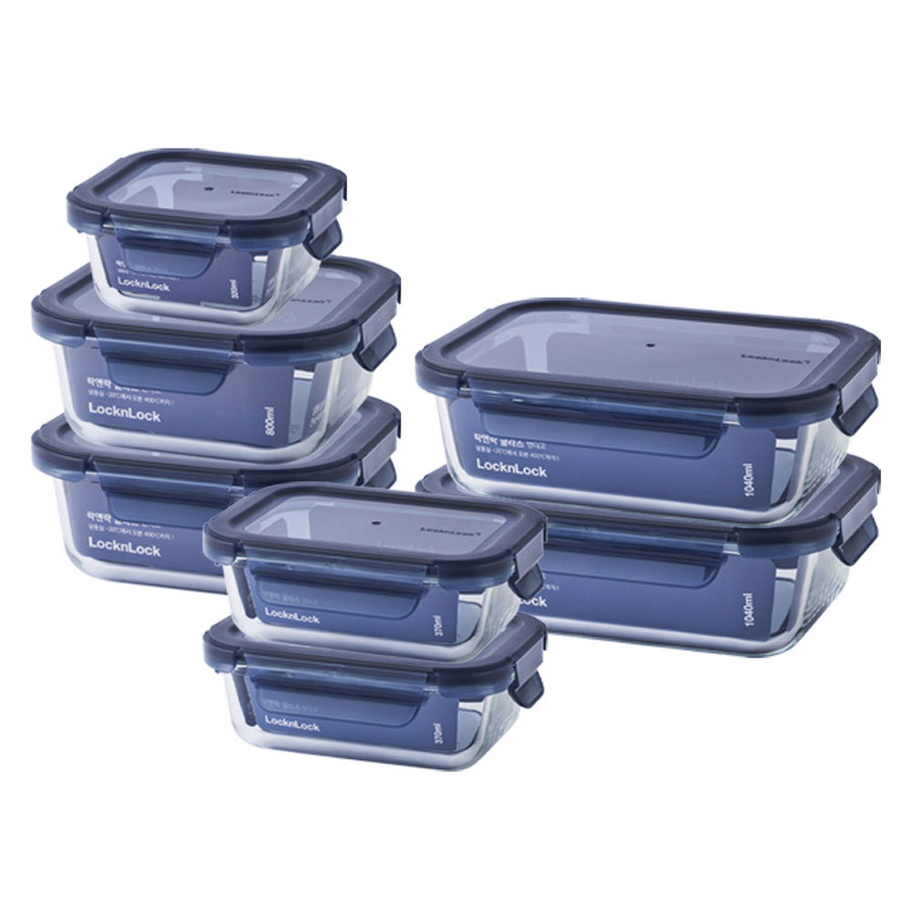 락앤락 인디고 글라스 밀폐용기 7p, 1세트, 320ml(1P) + 370ml(2P) + 800ml(2P) + 1040ml(2P) 27,000원
