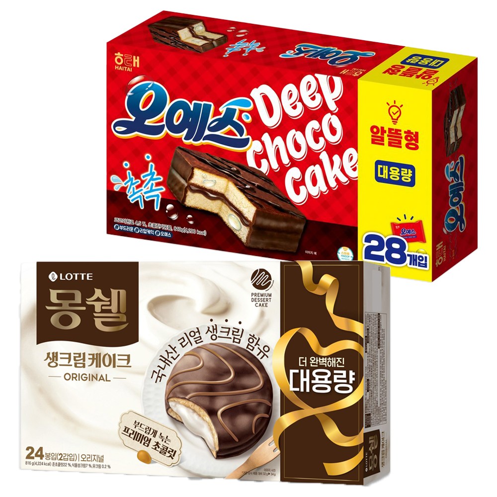 롯데 몽쉘 오리지널 816g 24봉입 + 해태 오예스 840g 28봉입, 816g 29,500원
