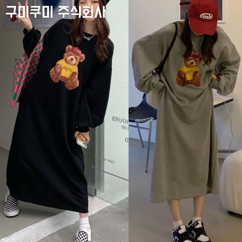 150kg까지 빅사이즈 여성 롱 곰돌이 프린트 귀여운 날씬해보이는 원피스 가을 편한 3xl 4xl 코디하기 좋은 루즈핏 캐주얼 심플 무지 오버핏 h라인 스판 박스 외출용 스커트 19,900원