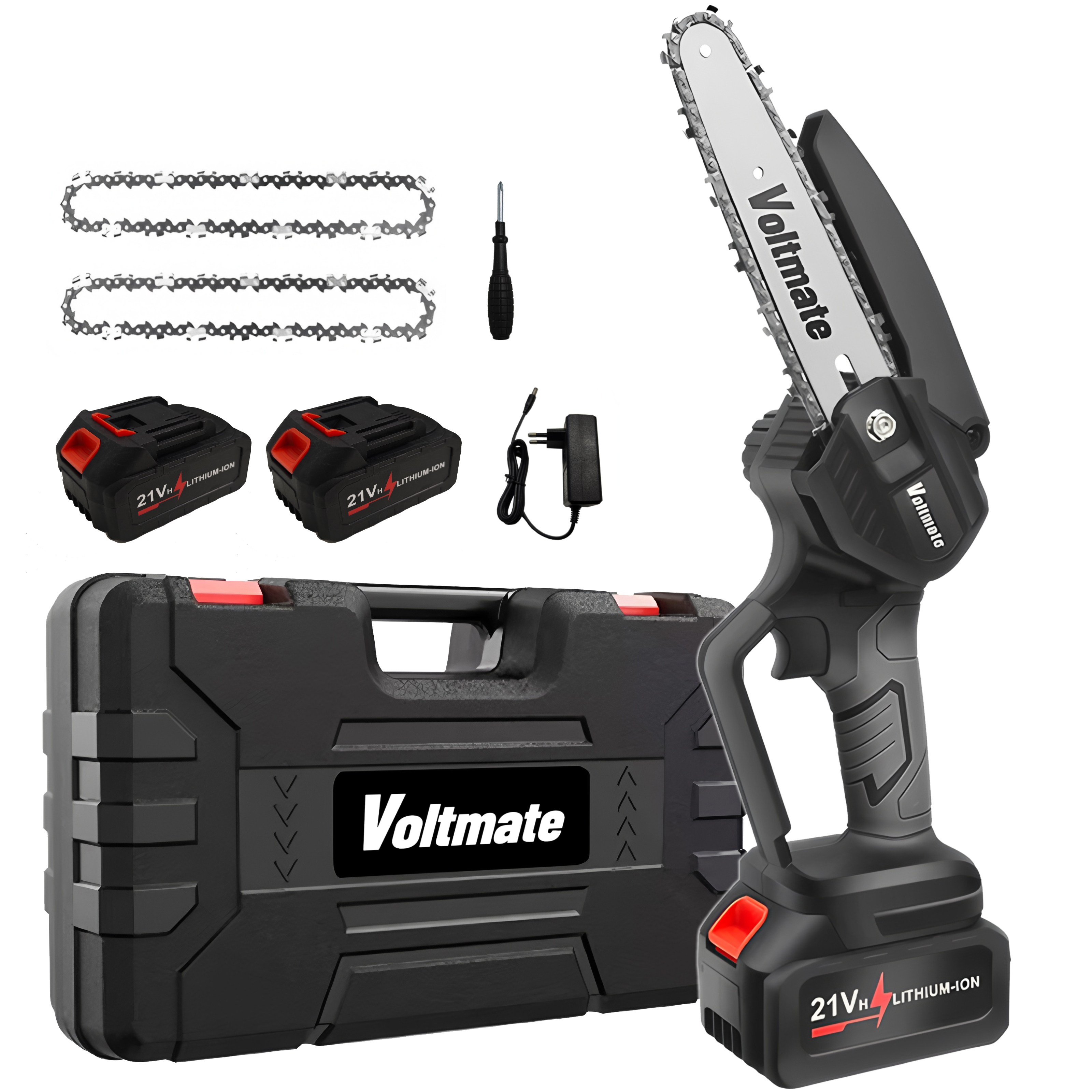[국내발송] VoltMate 독일 21V 고성능 6인치 전기 체인톱 리튬 충전톱 다기능 무선 전기톱 2개 배터리 세트 46,850원