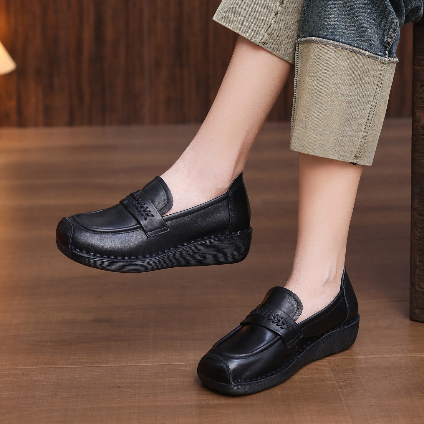 백화점 동급 품질 수제 천연레더 로퍼 4cm 웨지힐 통기성 데일리 캐주얼 구두 여성 69,000원