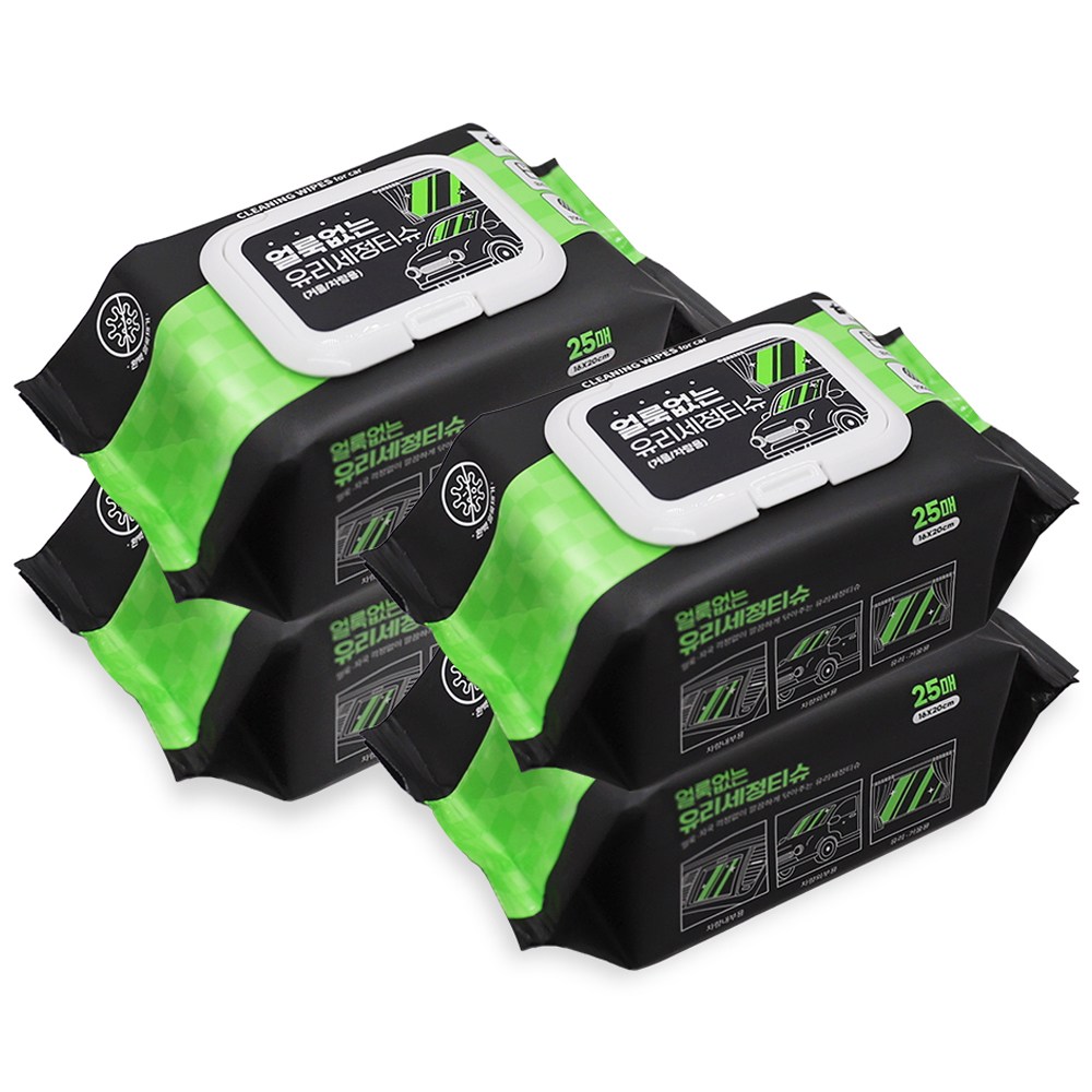 얼룩없는 차량용 물티슈 자동차 유리세정티슈, 4개, 25개 18,000원