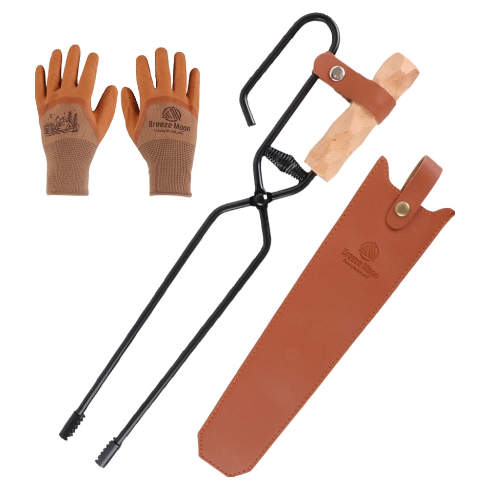 브리즈문 캠핑 반자동 악어이빨 바베큐 화로 장작 숯 집게 + 전용 가죽 케이스 + 논슬립 장갑 세트 17,620원