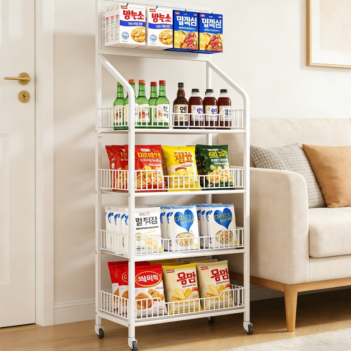 더디테일 과자 진열대 간식 선반 정리함 정리대 팬트리 편의점 간식창고 수납장 트롤리 펜트리 스낵 간식정리선반 컵라면 간식정리 4층 간식다이 이동식 과자진열대 15개 후크동봉, 화이트, 4단 34,900원
