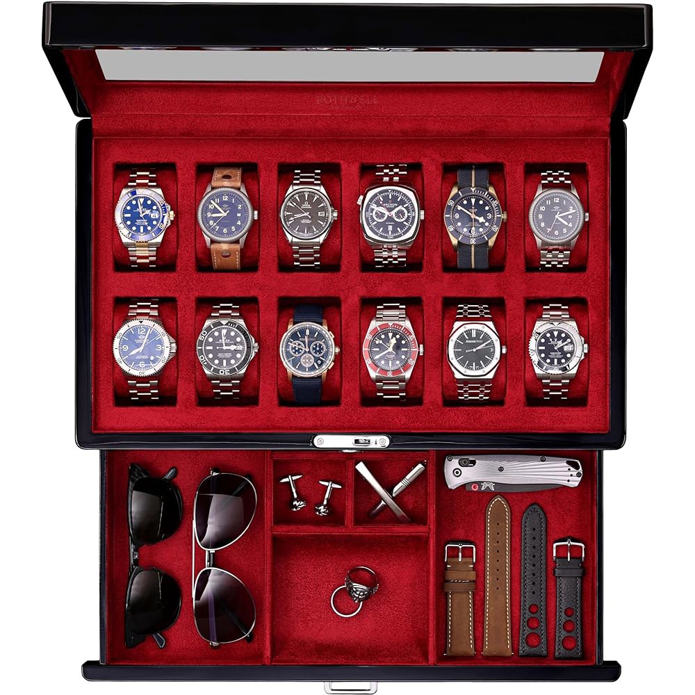 발렛 서랍이 있는 ROTHWELL 12 슬롯 가죽 시계 상자 - 럭셔리 케이스 디스플레이 정리함, 마이크로수데 라이너, 남성 액세서리 홀더, 주얼리 케이스, 정리함(탄/브라운) 314,100원