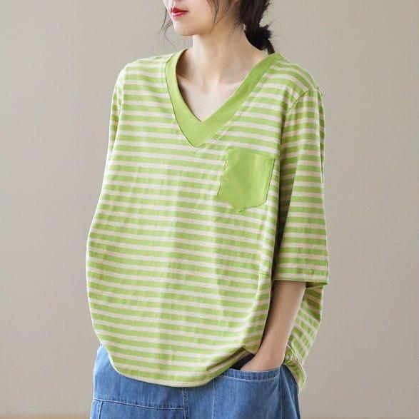 루스리더 여성 스트라이프 브이넥 빅사이즈 반팔 티셔츠 M766 25,000원