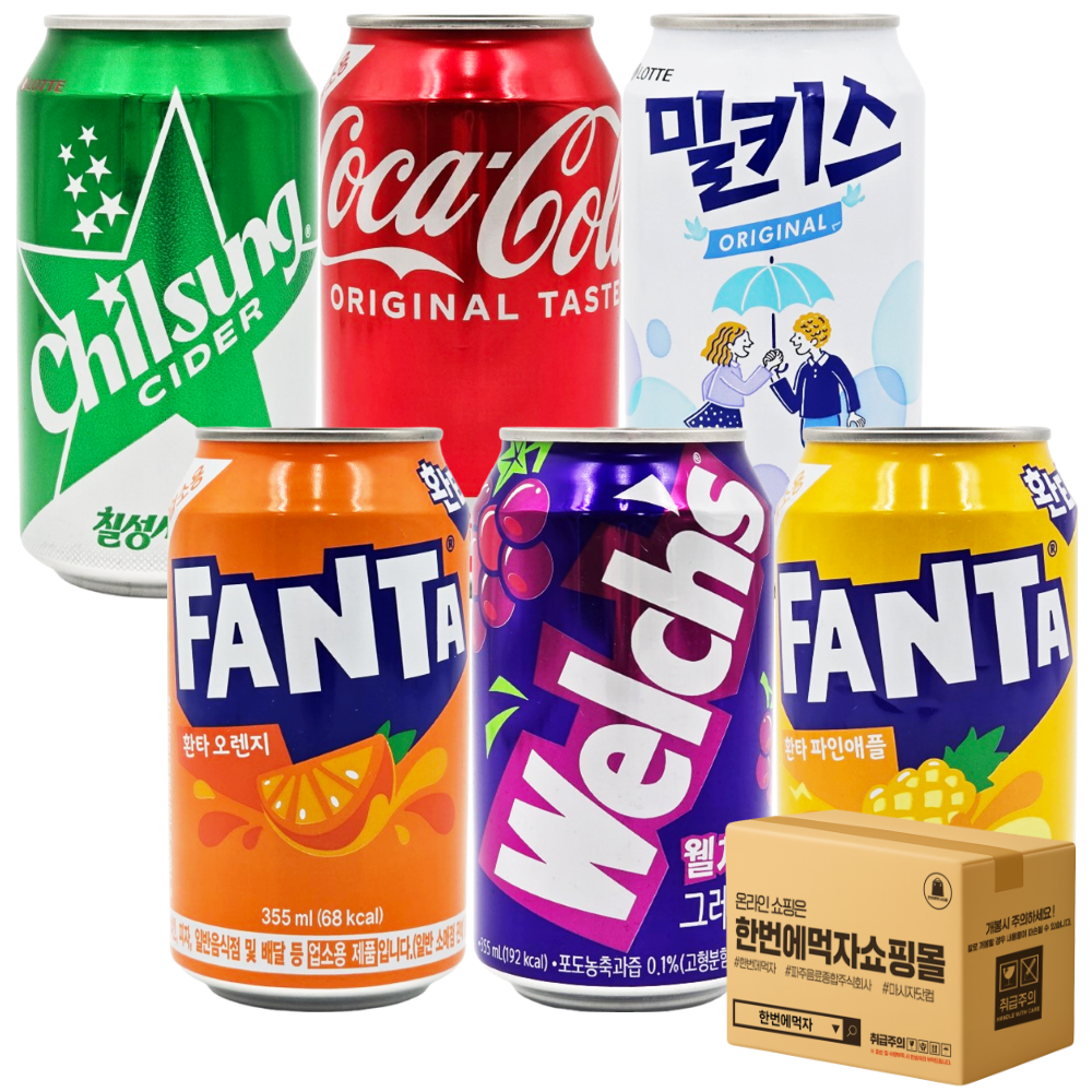 [한번에먹자] 340ml~355ml 탄산음료세트 6종 24입 ( 칠성사이다 + 코카콜라 + 밀키스 + 환타 오렌지 + 웰치스 포도 + 환타 파인애플 ) 업소용캔음료 식자재 PC방 23,580원