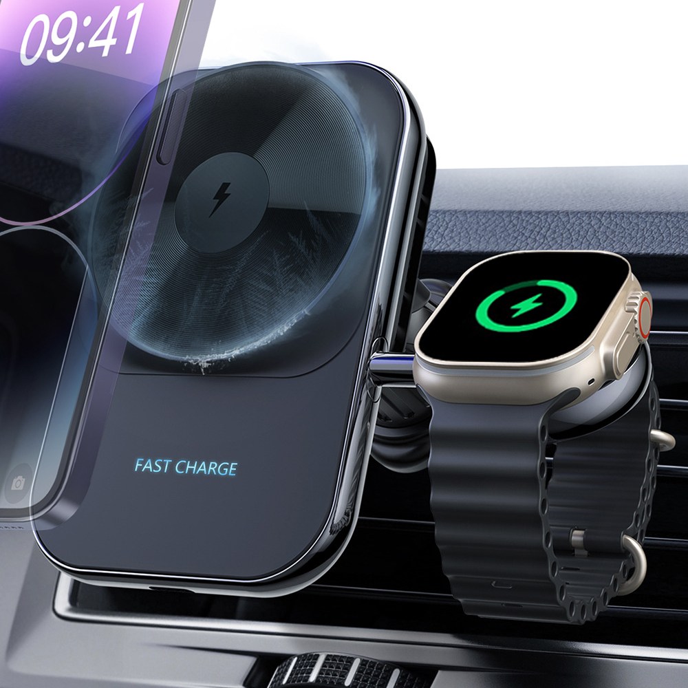 더조은셀러 아이폰 애플워치 2in1 퀵 쿨링 차량용 맥세이프 무선 고속충전 거치대, 단일상품, 블랙 44,500원