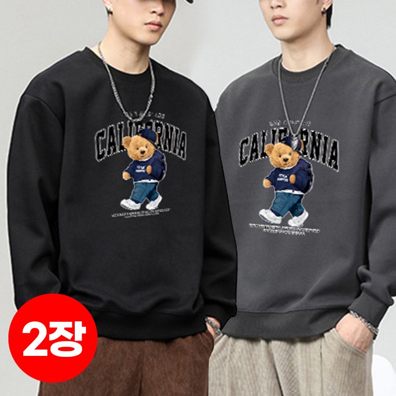 1+1(2장세트) 스타일아유 베어 프린트 오버핏 맨투맨 캐주얼 편안한 남성용 긴팔 티셔츠 데일리룩 TS3063 21,900원