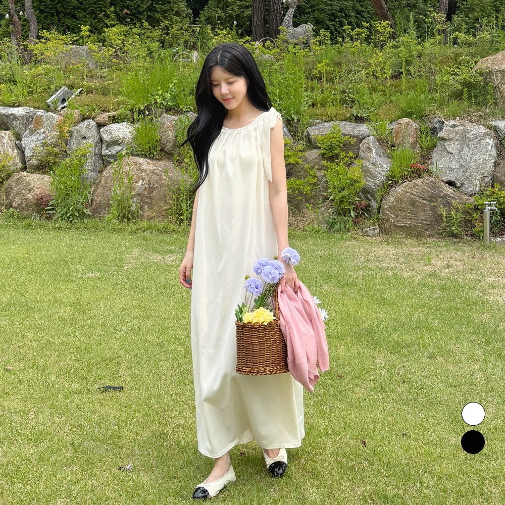 디테일웨어 여성 숄더 뒤트임 민소매 롱원피스 임부복 빅사이즈 A라인 원피스 리본 스트랩 시원한 여름 원피스 휴양지룩 33,800원