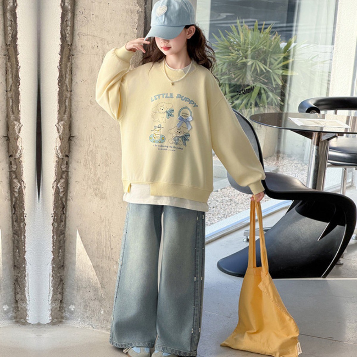 비비키드 여아 신상 주니어 상의 초등생 하의 세트 봄 가을 세트 초중생 리본장식 강아지 일러스트 페이크레이어드 긴팔 데님 긴바지 초등생 상하세트 (F006) 44,800원