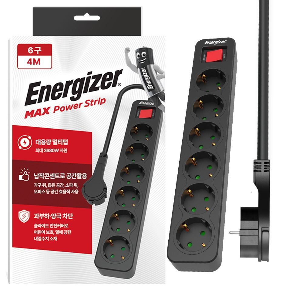 에너자이저 과부하차단 고용량 3680W 멀티탭 6구, 4m, 블랙, 1개 26,800원