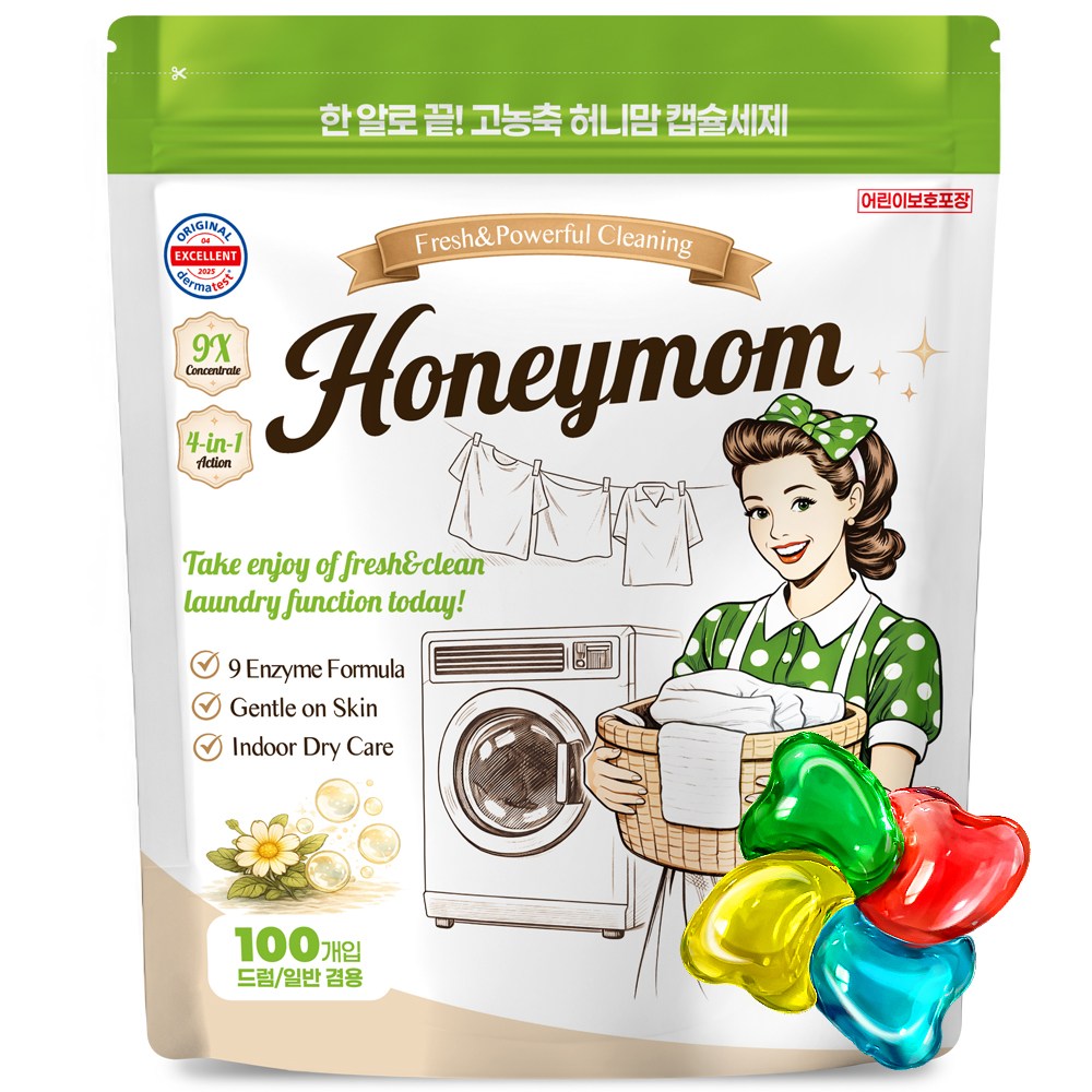 허니맘 캡슐세제 일반용량 2배 16g x 100개 세탁세제 일반용 드럼용 양재동꽃시장향, 1개, 100개입 9,900원