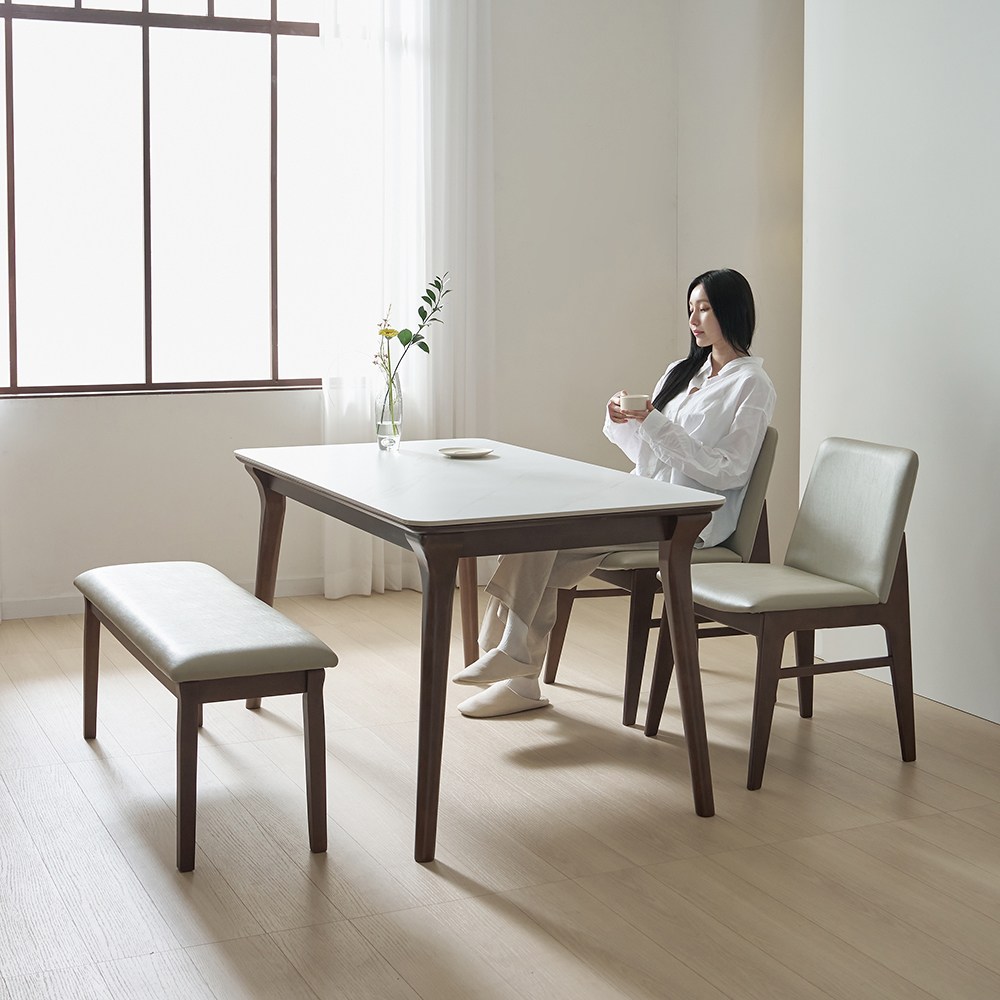 루나 포세린 세라믹 원목 4인 식탁세트 1400 의자+벤치형 IKLN1A, 화이트, 식탁+벤치 1개+B형의자 2개 498,960원