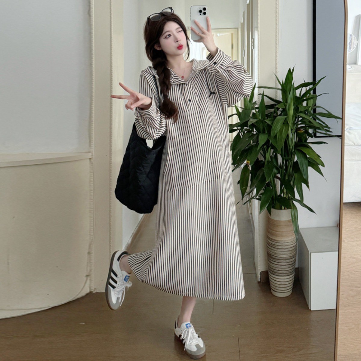 디한스 임산부 줄무늬 후드 와이드 롱 빅사이즈 원피스 36,900원