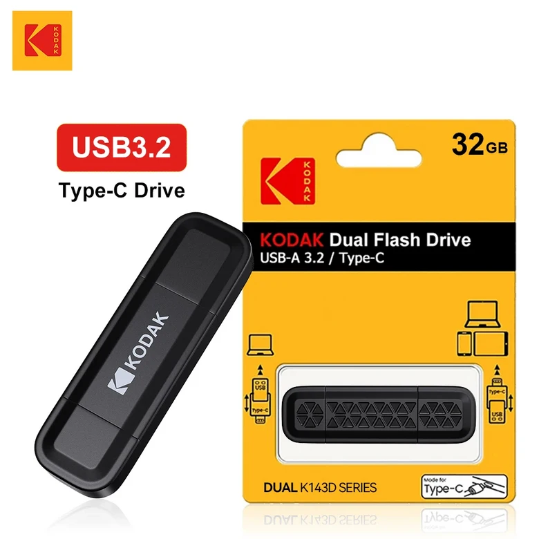 코닥 듀얼 USB 플래시 펜 드라이브 메모리 스틱 USB3.2 Gen 1 OTG 휴대용 U 디스크 32GB 64GB 128GB 256GB 15,140원