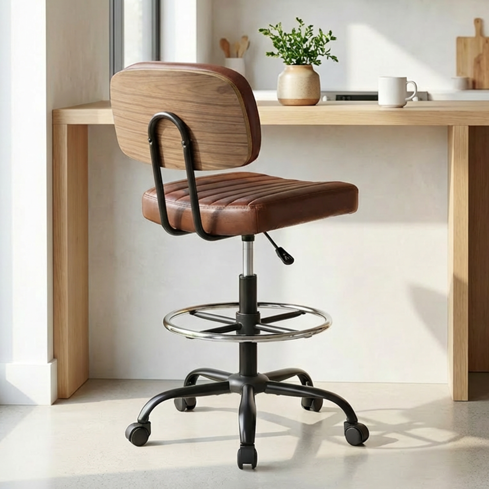 밍이샵 홈바의자 아일랜드 식탁의자 PU가죽 바텐의자 바퀴형 등받이 드래프트 의자 발받침 링 포함, 브라운 119,000원