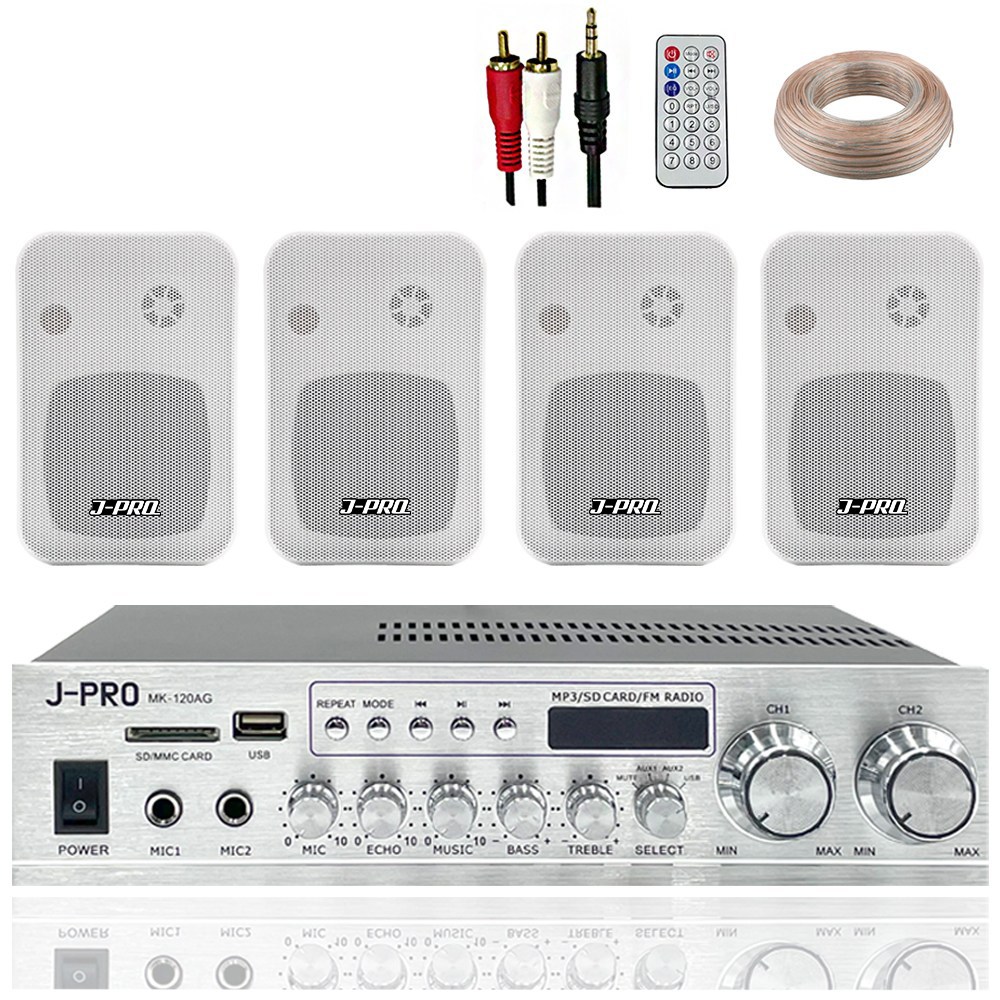 제이프로 240W 블루투스 매장용 카페 매장 업소용 벽걸이 미니 앰프 스피커 4개 세트+리모콘+PC선 1.5M+스피커케이블 40M 199,000원