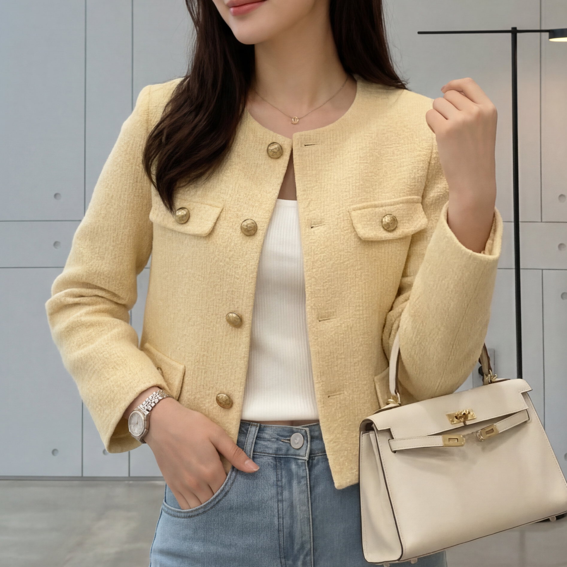 HAAGSHOP 여성 트위드 자켓 여성 봄 아우터 금사 버튼 포인트 34,200원