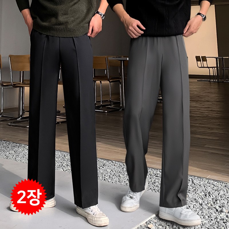 1+1 2-PACK 남자 남성 고퀄리티 사계절 밴딩 세미 와이드 슬랙스 바지 팬츠 35,800원