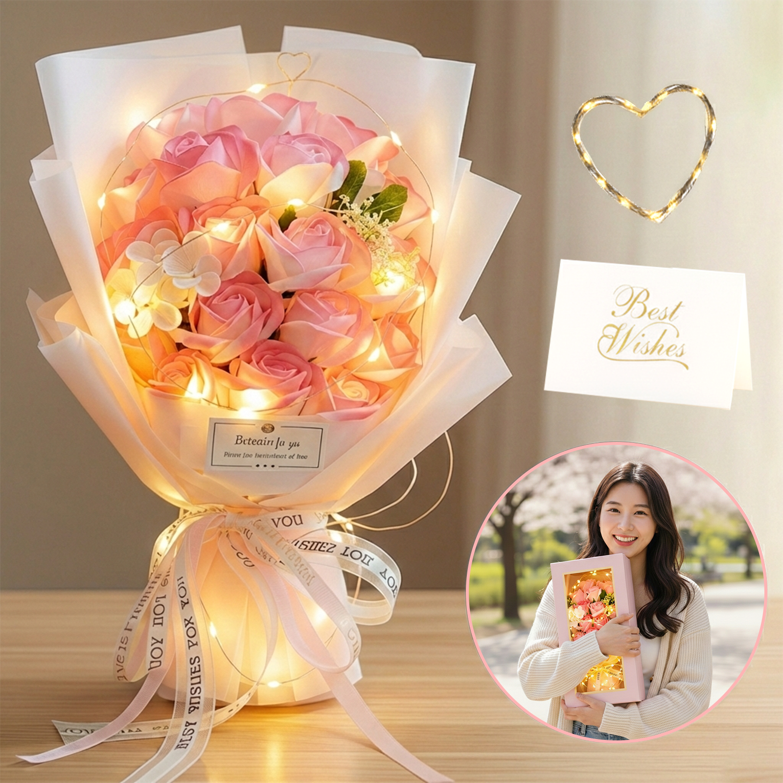 Flyaiku 로즈핑크 18송이 시들지 않는 LED 장미 꽃다발 선물세트 기프트박스 카드포함 졸업식 기념일 선물 20,900원