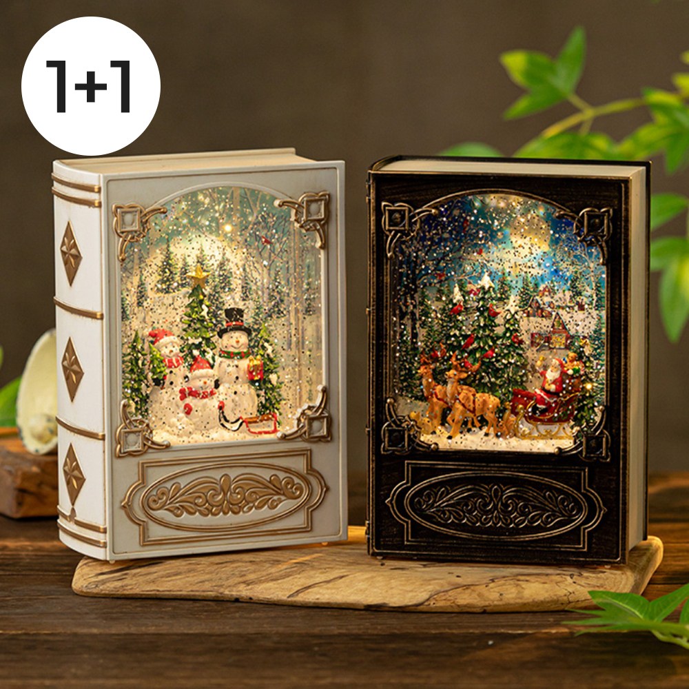 [5시건 당일출고] 1+1 크리스마스 빈티지 책 LED 눈 내리는 워터볼 오르골 무드등, 블랙(썰매산타)+블랙(썰매산타) 168,000원