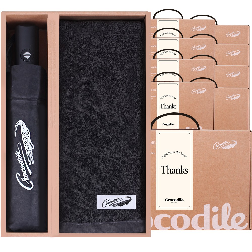 크로커다일 클래식 3단 전자동 우산+150g 30수 타올 선물 세트, 10세트, 블랙우산+그레이타올 169,000원