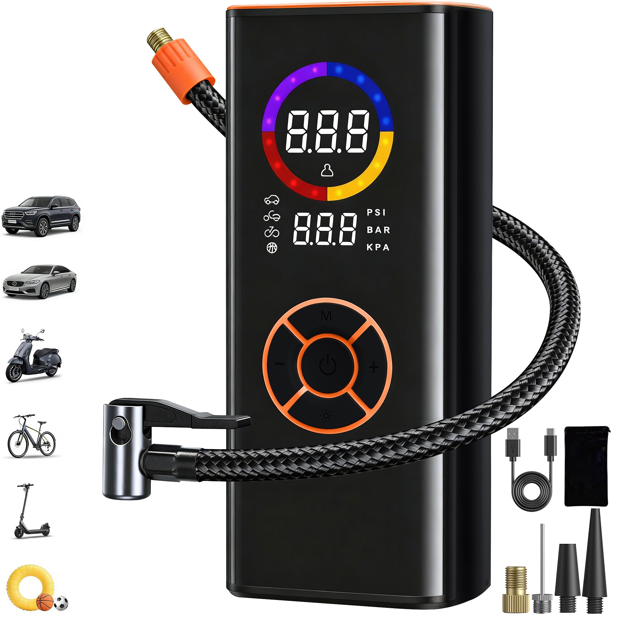 타이어 공기압 주입기 휴대용 차량용 7200mAh 대용량 무선 다용도 에어펌프 자전거 오토바이 구기류, 블랙, 1개 45,000원