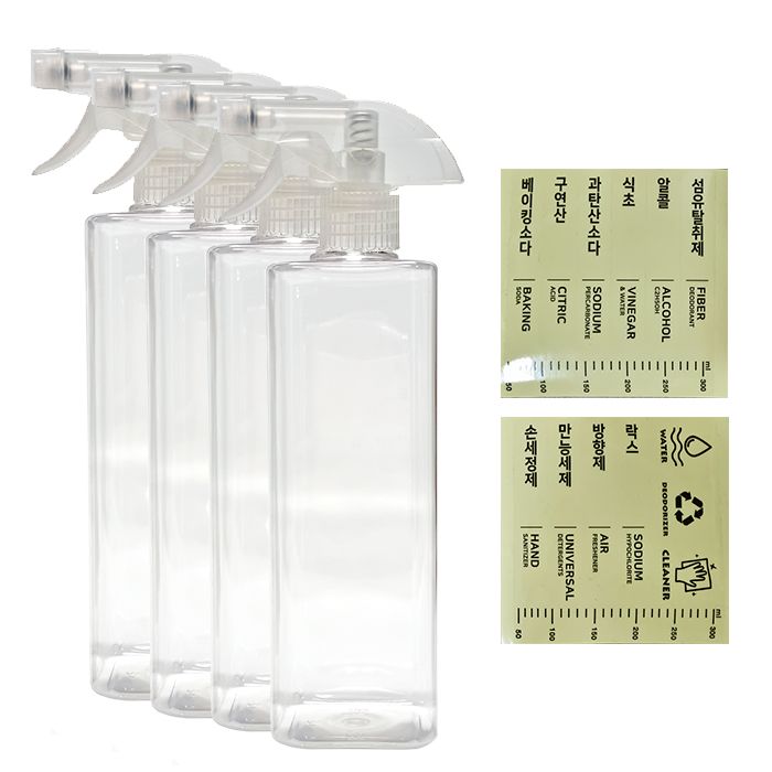월드크린 투명 분무기 용기 사각 500ml x 4p + 스티커, 혼합색상, 1세트 13,020원