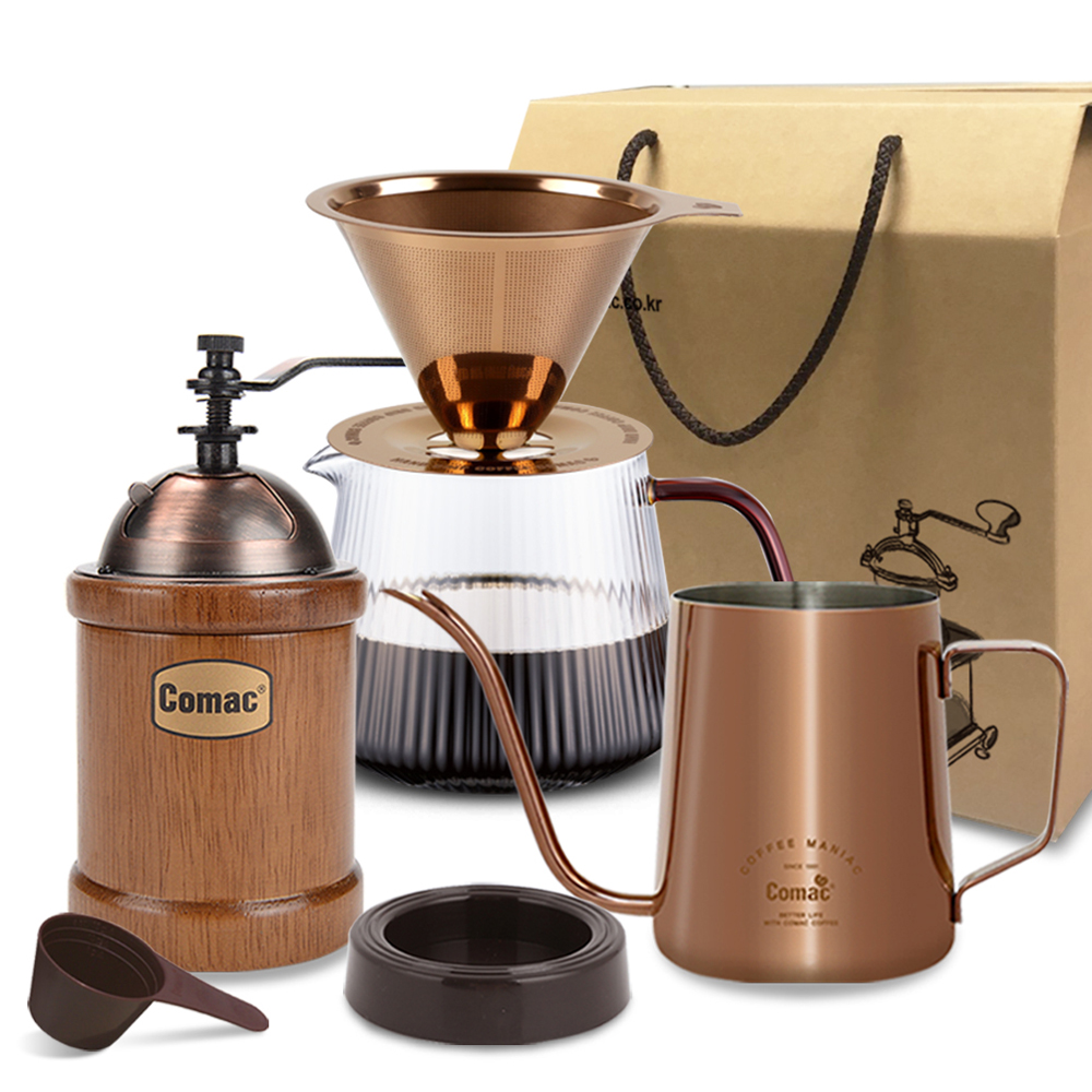 코맥 티타늄 스텐필터 + 플리츠 커피서버 + 커피 드립피쳐 로즈골드 KPG1 + 이중날 커피밀 엔틱 원통 MR1 + 커피 계량스푼 J1 + 스텐 필터 받침대 J2 선물세트 SFG1 WG1 69,910원